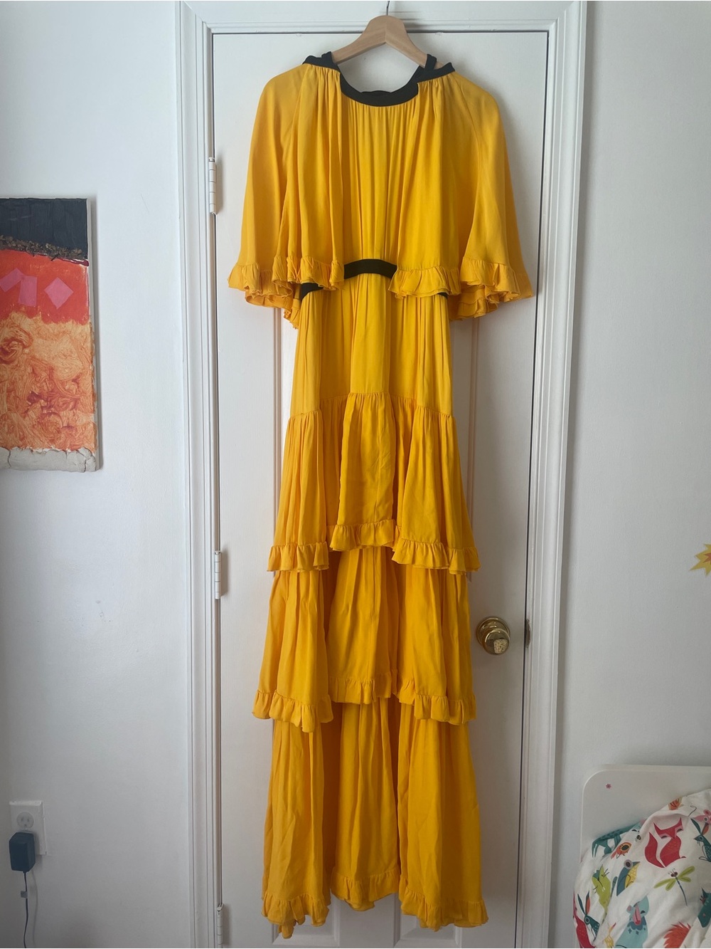 MSGM Yellow Tiered Ruffle Crêpe Gown Maxi Dress with Black Trim